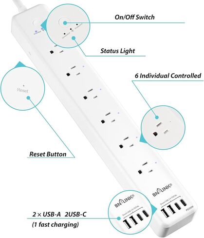BN-LINK Smart WiFi Power Strip Surge Protector, 6 Individually Controlled Outlets, 4 USB Ports with 20W USB-C Fast Charging, Alexa & Google Home Compatible, App Timer Control in Saudi Arabia