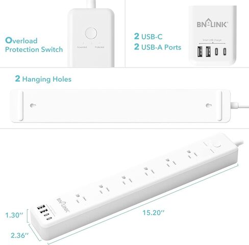 BN-LINK Smart WiFi Power Strip Surge Protector, 6 Individually Controlled Outlets, 4 USB Ports with 20W USB-C Fast Charging, Alexa & Google Home Compatible, App Timer Control in Saudi Arabia