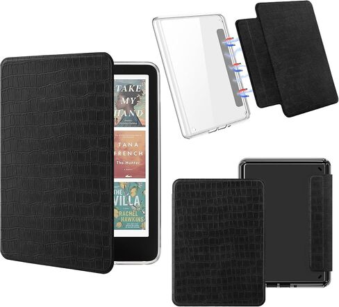 حافظة مغناطيسية قابلة للفصل لجهاز Kindle Paperwhite الجديد مقاس 7 بوصات الجيل الثاني عشر 2024 وKindle Colorsoft Signature Edition، حافظة نحيفة من جلد البولي يوريثان مع تنبيه/غفو تلقائي، طباعة تمساح (أسود) in Kuwait