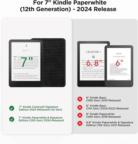 حافظة مغناطيسية قابلة للفصل لجهاز Kindle Paperwhite الجديد مقاس 7 بوصات الجيل الثاني عشر 2024 وKindle Colorsoft Signature Edition، حافظة نحيفة من جلد البولي يوريثان مع تنبيه/غفو تلقائي، طباعة تمساح (أسود) in Kuwait