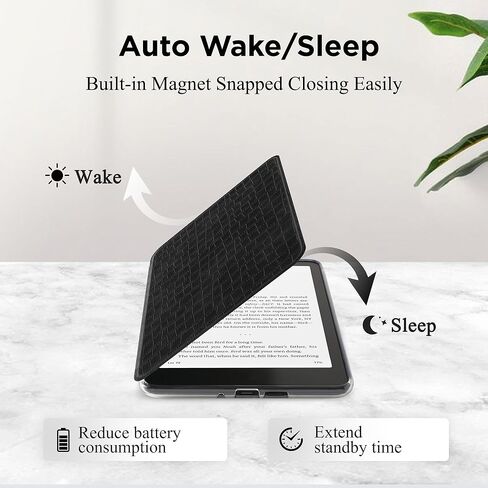 حافظة مغناطيسية قابلة للفصل لجهاز Kindle Paperwhite الجديد مقاس 7 بوصات الجيل الثاني عشر 2024 وKindle Colorsoft Signature Edition، حافظة نحيفة من جلد البولي يوريثان مع تنبيه/غفو تلقائي، طباعة تمساح (أسود) in Kuwait