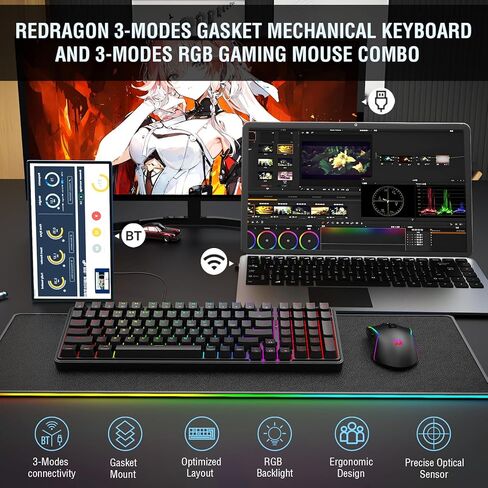 Redragon S162 3-Mode Wilreess Gaming Keyboard & Mouse Combo, 99 Keys K744 RGB GamingKeyboard and 8000 DPI M693 Gaming Mouse Bundle in Saudi Arabia