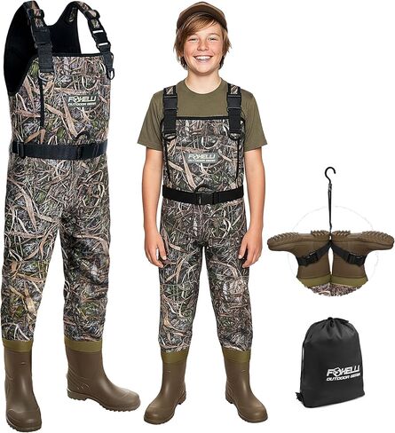 Foxelli Kids Chest Waders with Boots – Waterproof 4mm Neoprene Kids Waders for Fishing & Duck Hunting for Boys Girls Youth in Saudi Arabia