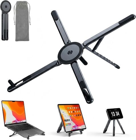 Magnetic Laptop Stand, 3-in-1 Portable Foldable Laptop Riser with Magnetic Phone Holder, Aluminum Adjustable Ergonomic Mount for Desk - Travel Stand Fits 10-16" MacBook Pro Air, iPad, iPhone in Saudi Arabia