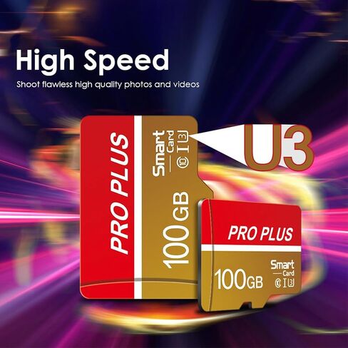 100GB MicroSD Card with Adapter, A1, C10, U1, 150MB/s Read for Smartphone, Tablet, Gaming, Full HD Video, Gold in Saudi Arabia