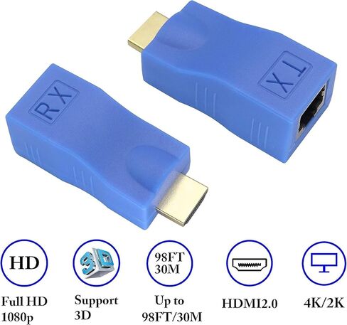 HDMI Extender by cat.6/6e Cable,1080P HDMI Male to RJ45 Female Converter 4k Network ethernet Adapter,cat5 to hdmi Converter,Apply to HDTV,DVD,PS4,Set-top Boxes,projectors,etc.(2Pack (Blue) in Saudi Arabia