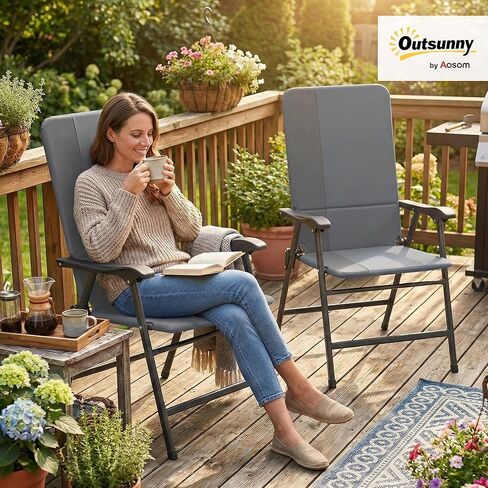 Outsunny Folding Patio Chairs Set of 2, Padded High Back Folding Lawn Chairs with Armrests, 600D Oxford Fabric, Portable Outdoor Camping Chair Set for Deck, Garden, Backyard, Light Gray in Saudi Arabia
