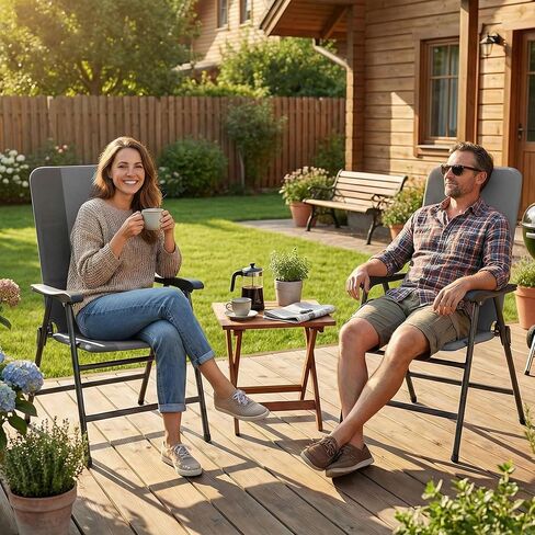 Outsunny Folding Patio Chairs Set of 2, Padded High Back Folding Lawn Chairs with Armrests, 600D Oxford Fabric, Portable Outdoor Camping Chair Set for Deck, Garden, Backyard, Light Gray in Saudi Arabia