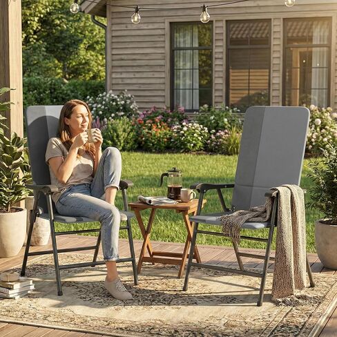Outsunny Folding Patio Chairs Set of 2, Padded High Back Folding Lawn Chairs with Armrests, 600D Oxford Fabric, Portable Outdoor Camping Chair Set for Deck, Garden, Backyard, Light Gray in Saudi Arabia