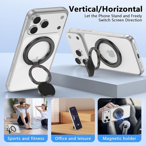 Magnetic Phone Ring Holder for Magsafe, Two-Sided Magnet Gym Finger Ring Kickstand Cell Phone Grip Stand for iPhone 17 16 15 14 13 12 Pro Max, Android Samsung, Compatible for Magnetic Car Mount, Black in Saudi Arabia