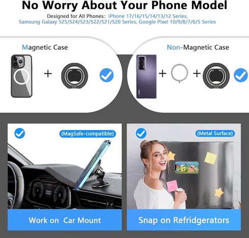 Magnetic Phone Ring Holder for Magsafe, Two-Sided Magnet Gym Finger Ring Kickstand Cell Phone Grip Stand for iPhone 17 16 15 14 13 12 Pro Max, Android Samsung, Compatible for Magnetic Car Mount, Black in Saudi Arabia