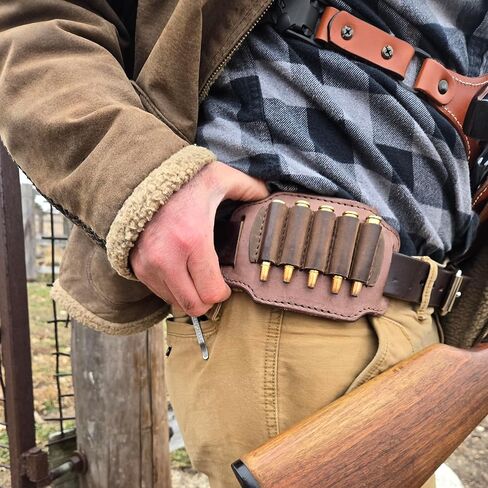 1791 حافظة منزلق لحزام الذخيرة من Gunleather Rifle - حامل حلقة خرطوشة من الجلد الحقيقي مع 5 حلقات رصاصة - حامل صدفة الصيد وحافظة حلقة الذخيرة للأحزمة in Kuwait