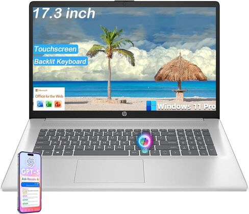 كمبيوتر محمول HP 17 بشاشة تعمل باللمس، AMD Ryzen 5 7430U، ذاكرة الوصول العشوائي 20 جيجابايت، 512 جيجابايت SSD، لوحة مفاتيح بإضاءة خلفية، شاشة كبيرة مضادة للتوهج 17.3 بوصة، Wi-Fi 6، AI Copilot، Windows 11 Pro، كمبيوتر الأعمال والطلاب in Saudi Arabia