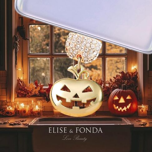ELISE & FONDA TP909 منفذ شحن من النوع C كريستال مضاد للغبار قابس صغير للهالوين على شكل قرع للهاتف الخلوي لهواتف iPhone 15/16/Samsung/OnePlus/Xiaomi/oppo Android (ذهبي) in Kuwait
