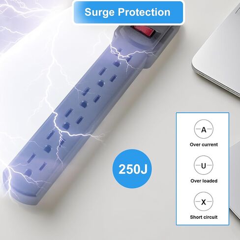 6-Outlet Surge Protector – 250 Joules, 6ft Cord, 15A/125V, 1875W Max – Right Angle Plug, Black – Home, Office, & Electronics Protection in Saudi Arabia
