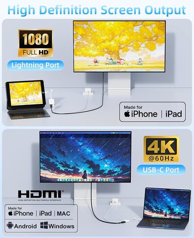 USB-C and Lightning to HDMI Adapter for iPhone ipad to TV [2026 New, MFi Certified, 100W PD], 4K@60 Hz Sync Screen Apple Lightning to Digital AV Adapter for for iPhone 17/16/15/iPad/MacBook to HDTV in Saudi Arabia