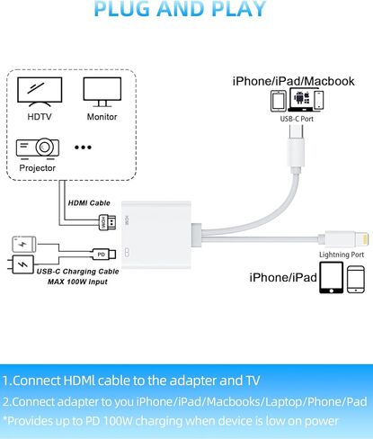 USB-C and Lightning to HDMI Adapter for iPhone ipad to TV [2026 New, MFi Certified, 100W PD], 4K@60 Hz Sync Screen Apple Lightning to Digital AV Adapter for for iPhone 17/16/15/iPad/MacBook to HDTV in Saudi Arabia