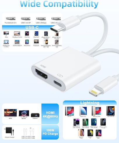 USB-C and Lightning to HDMI Adapter for iPhone ipad to TV [2026 New, MFi Certified, 100W PD], 4K@60 Hz Sync Screen Apple Lightning to Digital AV Adapter for for iPhone 17/16/15/iPad/MacBook to HDTV in Saudi Arabia