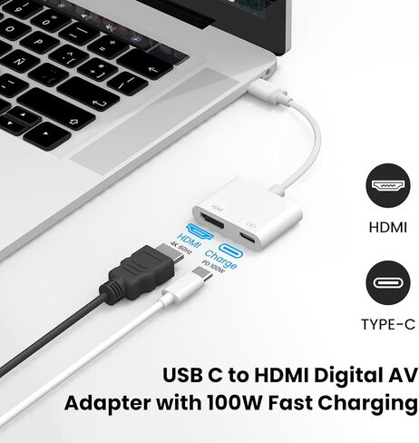 USB C to HDMI Adapter for iPhone 17 16 15 to TV, 4K@60Hz Type-C to HDMI Adapter with 100W Fast Charging Port for iPhone 17/17 Pro/17 Pro Max/Air/16 15 Pro Max to HDTV Projector Monitor in Saudi Arabia