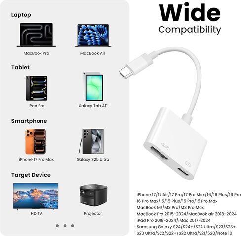 USB C to HDMI Adapter for iPhone 17 16 15 to TV, 4K@60Hz Type-C to HDMI Adapter with 100W Fast Charging Port for iPhone 17/17 Pro/17 Pro Max/Air/16 15 Pro Max to HDTV Projector Monitor in Saudi Arabia