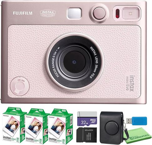 Fujifilm Instax Mini EVO Hybrid Instant Camera (Gentle Rose) + Fuji Instax-Mini Film 60 Exposures + 32GB Memory Card + Custom Mini-Evo Case and Accessory Bundle in Saudi Arabia