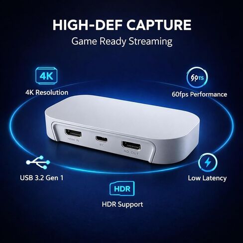 بطاقة التقاط 4K60HDR HD 2.0 جهاز التقاط الألعاب USB 3.2 Gen1 Type - C، HDR10 & VRR دعم المرور - زمن استجابة منخفض 50 مللي ثانية، التوصيل والتشغيل للبث والتسجيل على الكمبيوتر الشخصي وC in Kuwait