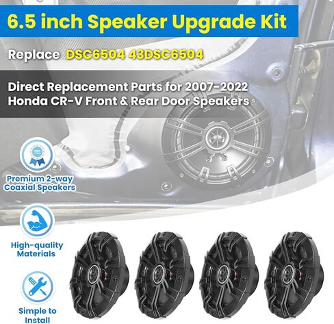 مكبرات الصوت 6.5 بوصة لمجموعة ترقية Honda CR-V 2007-2022 - 4 عبوات من سلسلة DS مع محولات وحزام، مكبر صوت محوري 6 1/2 للسيارة الأمامي والخلفي يحل محل DSC6504، 43DSC6504 - التوصيل والتشغيل in Kuwait