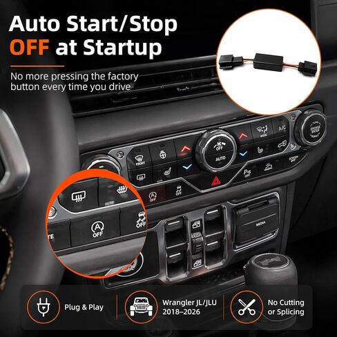 مزيل إيقاف التشغيل التلقائي لسيارة Jeep Wrangler JL JLU 2018-2026، حزام التوصيل والتشغيل المضمن، تشغيل/إيقاف تلقائي بشكل افتراضي، بدون برمجة، ليس لـ 4xe in Kuwait