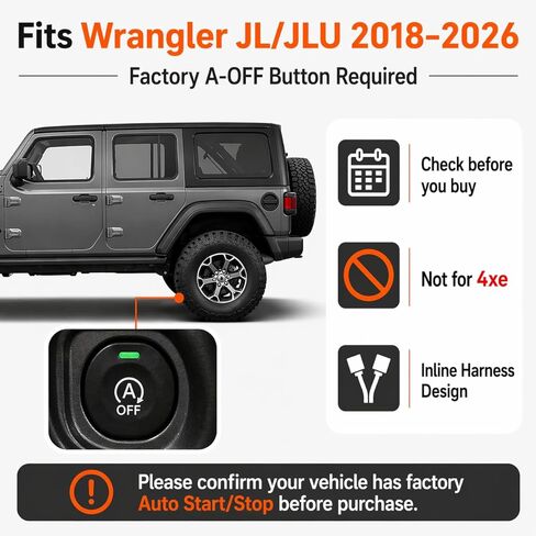 مزيل إيقاف التشغيل التلقائي لسيارة Jeep Wrangler JL JLU 2018-2026، حزام التوصيل والتشغيل المضمن، تشغيل/إيقاف تلقائي بشكل افتراضي، بدون برمجة، ليس لـ 4xe in Kuwait
