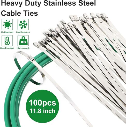 مجموعة أدوات ربط سحاب معدنية احترافية مع 100 ربطة عنق من الفولاذ المقاوم للصدأ - 11.8 بوصة ربطات كبل معدنية شديدة التحمل وزردية ربط كبل التثبيت/القطع للسياج والأنابيب والعادم والمركبات والاستخدام الخارجي in Kuwait