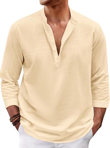 Karlywindow Mens Linen Henley Shirts Long Sleeve Hippie Yoga Summer Beach Casual Henleys T-Shirt in Kuwait