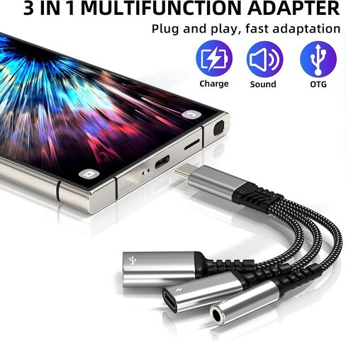 محول Aux إلى USB C (3 في 1) 3.5 مم مقسم مقبس سماعة الرأس لهاتف iPhone 17 16 15 Pro Max كابل صوت من النوع C لشاحن سلك Apple Dongle OTG شحن مزدوج لجهاز Ipad ومنفذ سلكي للسيارة متوافق مع Samsung in Saudi Arabia
