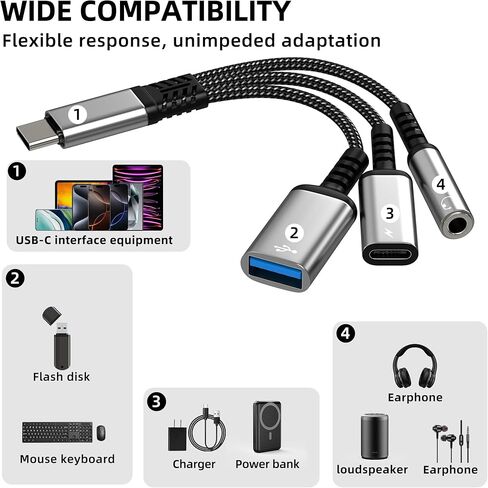محول Aux إلى USB C (3 في 1) 3.5 مم مقسم مقبس سماعة الرأس لهاتف iPhone 17 16 15 Pro Max كابل صوت من النوع C لشاحن سلك Apple Dongle OTG شحن مزدوج لجهاز Ipad ومنفذ سلكي للسيارة متوافق مع Samsung in Saudi Arabia