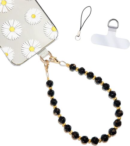 Hidden Hollow Beads Cell phone charm Wrist strap tether tab wristlet anti-drop hands free fits most cases and accessories (Black & Gold) in Saudi Arabia