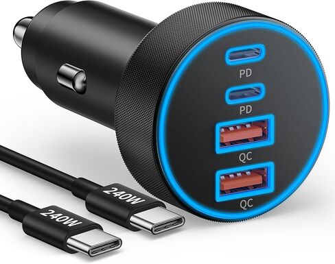 شاحن سيارة USB C شحن سريع، شاحن هاتف سيارة 90 وات 4 منافذ شحن فائق السرعة مزدوج USB-C وUSB-A محول ولاعة سجائر مع كابل 240 وات نوع C لهاتف Samsung Galaxy S26/S25/S24/ S23، بكسل، أندرويد in Kuwait