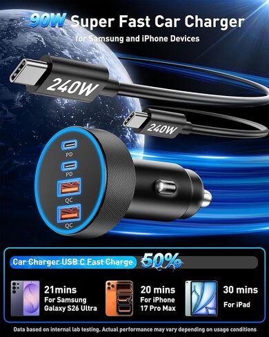 شاحن سيارة USB C شحن سريع، شاحن هاتف سيارة 90 وات 4 منافذ شحن فائق السرعة مزدوج USB-C وUSB-A محول ولاعة سجائر مع كابل 240 وات نوع C لهاتف Samsung Galaxy S26/S25/S24/ S23، بكسل، أندرويد in Kuwait