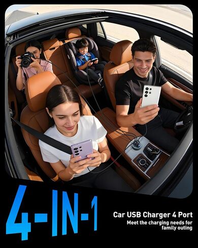 شاحن سيارة USB C شحن سريع، شاحن هاتف سيارة 90 وات 4 منافذ شحن فائق السرعة مزدوج USB-C وUSB-A محول ولاعة سجائر مع كابل 240 وات نوع C لهاتف Samsung Galaxy S26/S25/S24/ S23، بكسل، أندرويد in Kuwait