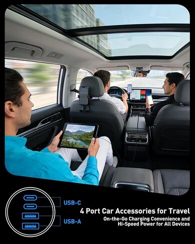 شاحن سيارة USB C شحن سريع، شاحن هاتف سيارة 90 وات 4 منافذ شحن فائق السرعة مزدوج USB-C وUSB-A محول ولاعة سجائر مع كابل 240 وات نوع C لهاتف Samsung Galaxy S26/S25/S24/ S23، بكسل، أندرويد in Kuwait