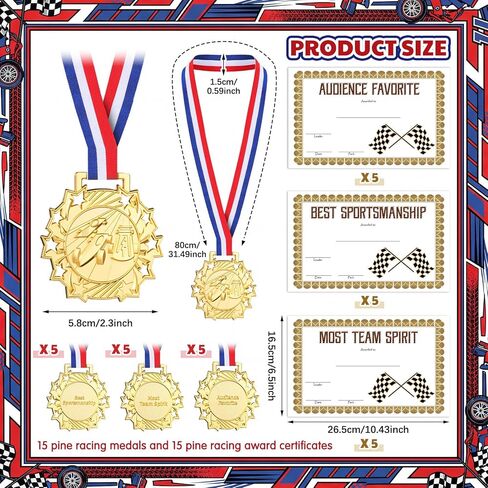 Cunno 15 Pcs Derby Medals with Award Certificate Race Car Trophy Gold Metal Award Medal with Neck Ribbon Prizes Winner Champion Trophies Prize Event Tournament Gifts in Saudi Arabia