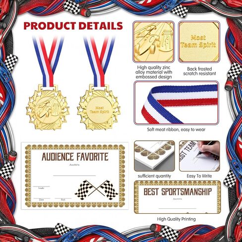 Cunno 15 Pcs Derby Medals with Award Certificate Race Car Trophy Gold Metal Award Medal with Neck Ribbon Prizes Winner Champion Trophies Prize Event Tournament Gifts in Saudi Arabia