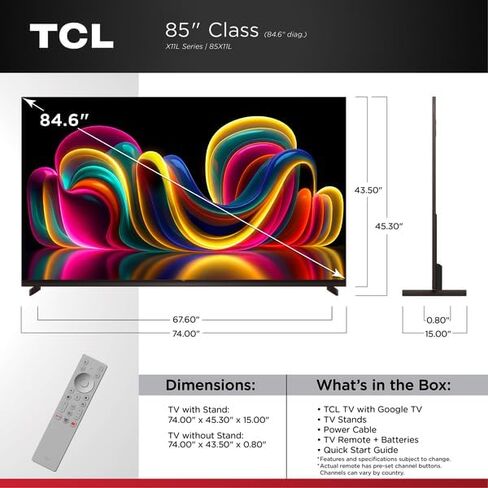 تي سي ال 85 بوصة كلاس X11L | SQD-ميني LED | 85X11L موديل 2026 | 144 هرتز السطوع النهائي والتباين دولبي فيجن | تعتيم دقيق يصل إلى LD20K | تلفزيون جوجل الذكي الجوزاء AI | دولبي أتموس بانج آند أولفسن in Kuwait