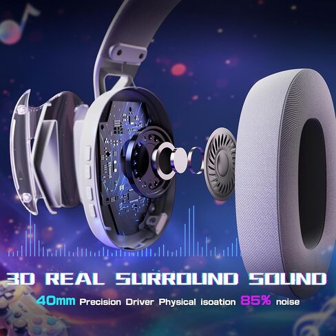 ATTACK SHARK L60 Wireless Over-Ear Gaming Headset,40mm Drivers,Detachable Noise Cancelling Mic,Memory Foam Ear Pads,3 Modes USB Computer Headset with 5.1 Surround Sound for PC/Mac/PS4/PS5-White in Saudi Arabia