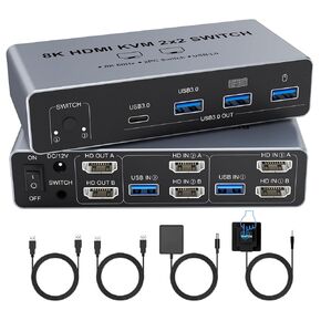 8K@60Hz HDMI KVM Switch 2 Monitors for 2 Computers & Dual Monitors | 4-Port USB 3.0 Ports| Share Keyboard, Mouse & Peripherals | Includes Desktop Controller, 2 USB Cables& Power Adapter in Kuwait