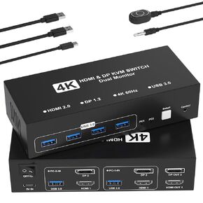 HDMI DisplayPort KVM Switch 2 شاشات 2 جهاز كمبيوتر، 4K@60 هرتز USB3.0 شاشة مزدوجة HDMI KVM Switchs منفذ عرض لجهازي كمبيوتر يشاركان شاشتين و4 أجهزة USB لطابعة ماوس Keybord in Kuwait