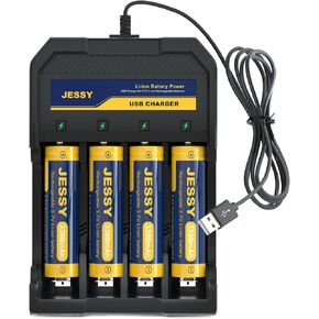 شاحن بطاريات 4 Bay 3.7V مع 4 عبوات (الحجم: 18x65 مم) 3.7V 330 0mAh بطارية مسطحة Ni-MH، شواحن بطاريات USB عالمية ذكية للمصابيح الكاشفة والمصابيح الأمامية، إلخ in Kuwait