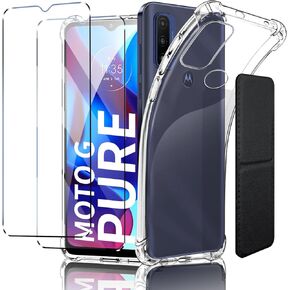 حافظة لهاتف Motorola Moto G Pure 2021، غطاء شفاف من مادة TPU مقاوم للصدمات مع عبوتين من واقيات الشاشة من الزجاج المقوى ومسند جلدي (حامل لاصق 3M) للحامل/العرض الأفقي، شفاف in Kuwait