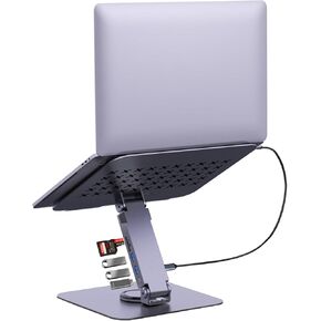 حامل كمبيوتر محمول EJAY مع محور USB وقارئ بطاقة SD/TF، ​​وحامل كمبيوتر يدور 360 درجة مع منفذي USB-A + 1 USB-C، حامل كمبيوتر محمول مريح من الألومنيوم قابل للطي للمصور والمصمم in Kuwait