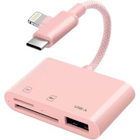 [معتمد من Apple MFi] قارئ بطاقة SD Apple مجدول من النايلون لجهاز iPhone iPad، محول بطاقة USB 3.0 نوع C SD/TF مع موصلات Lightning وUSB C مزدوجة، ذاكرة SD MicroSD USB-A 3 فتحات (وردي) in Kuwait
