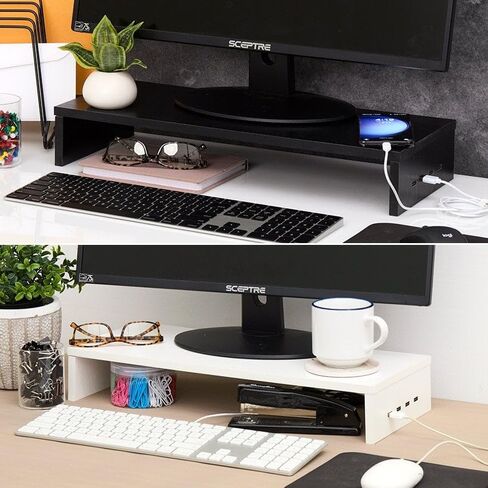 مجموعة Lakeside Collection Monitor Stand Wooden Riser 4 USB 2.0 موانئ شحن أسود أو أبيض - أسود in Kuwait