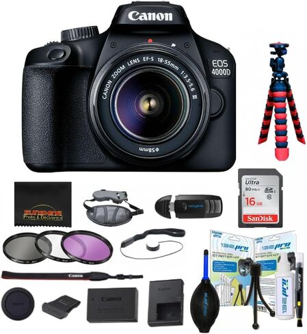 Canon EOS 4000D Camera + EF-S 18-55 DC III Lens, 3011C003 (DC III) (International Model) (w/Sunshine Photo Pro Bundle) in Saudi Arabia